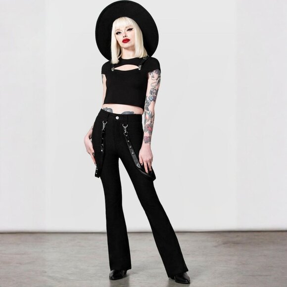 Killstar ✦ Cutout Bondage Trousers ✦ Black Strap Detail Flare Leg Gothic Alt XL - Picture 4 of 5